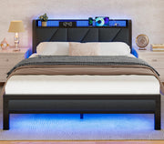 Platform Bed Frame with LED Headboard & Charging Station