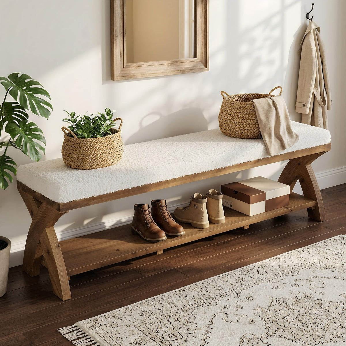 Upholstered Wood Shoe Storage Bench
