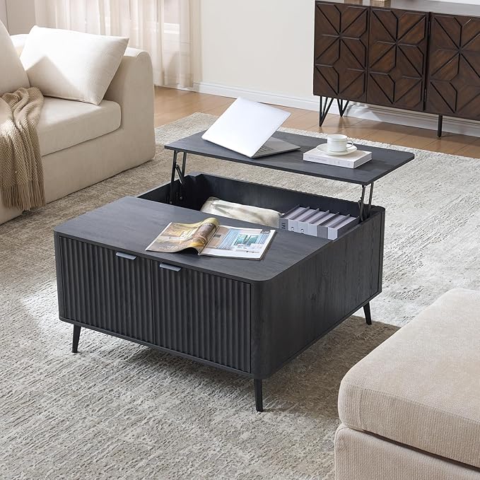 Fluted Lift Top Square Coffee Table with Hidden Storage