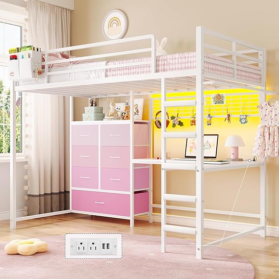 Twin Loft Bed with L-Shaped Desk & Storage