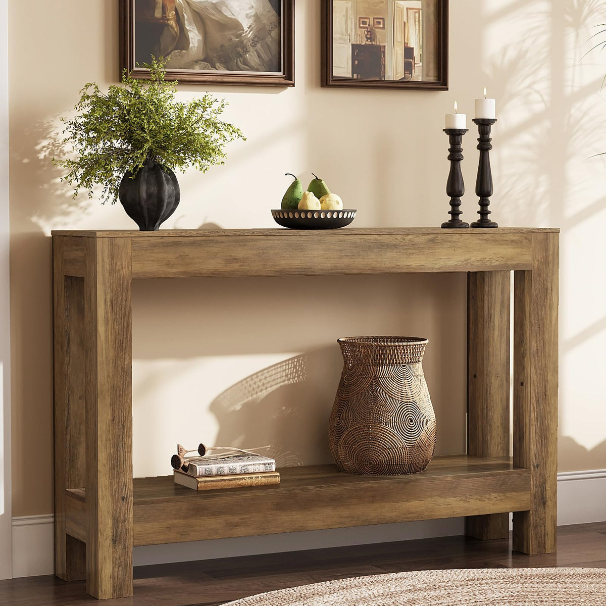 Tohomeor Farmhouse Console Table, 2-Tier Wood Sofa Table Behind Couch Narrow Entryway Accent Table for Entrance, Hallway, Living Room, Foyer