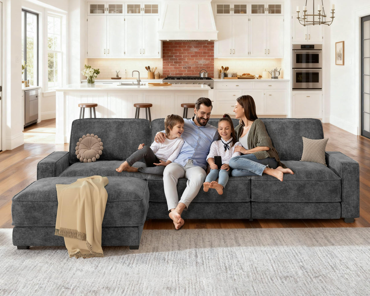 Vipbear 120" Oversized Modular Sectional Sofa, L Shaped Couch Set with 2 Pillows, 4 Seat Comfy Cloud Couches with Movable Ottoman for Living Room, Bedroom and Apartment, Chenille Dark Grey
