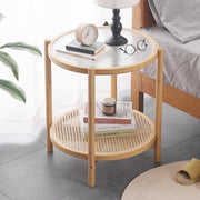 Tiita Rattan Side Table, Modern Round Bamboo End Table, Glass Top, Wood