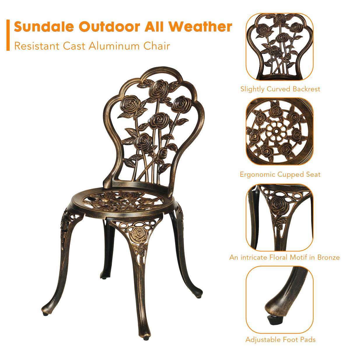 Sundale Outdoor Bistro Set of 3, Patio Conversation Set with Umbrella Hole for Balcony Cast Aluminum All Weather Resistant Antique Finish Patio Porch Yard Bronze Rose