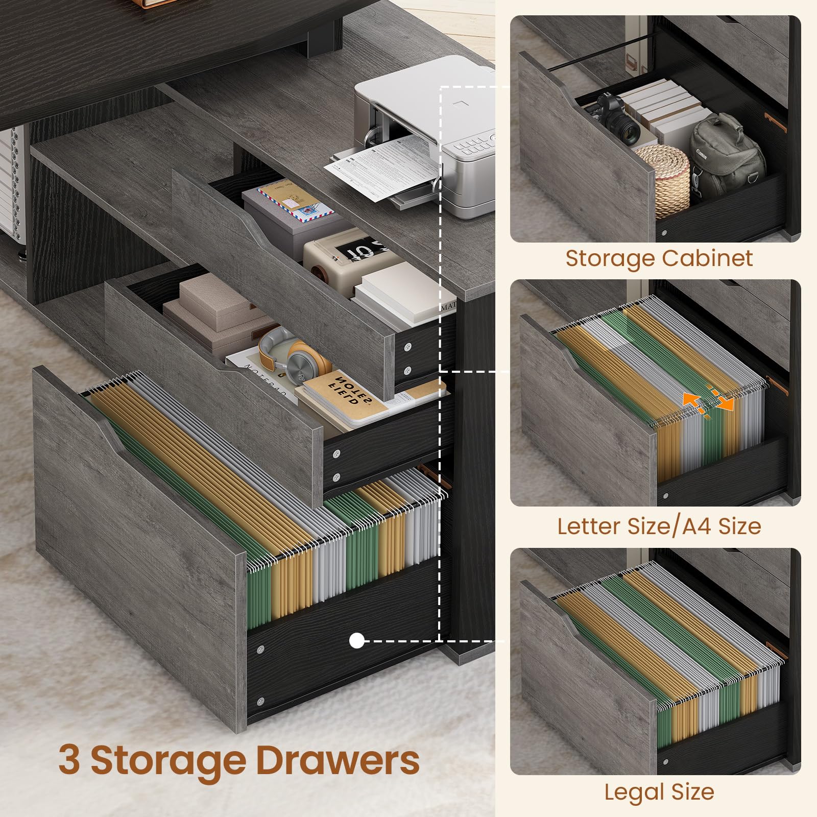SEDETA 71" Executive Desk with File Cabinet, Large Office Desk with Drawers and Shelves, L Shaped Computer Desk with Power Outlets, Business Furniture Desk Workstation for Home Office, Gray