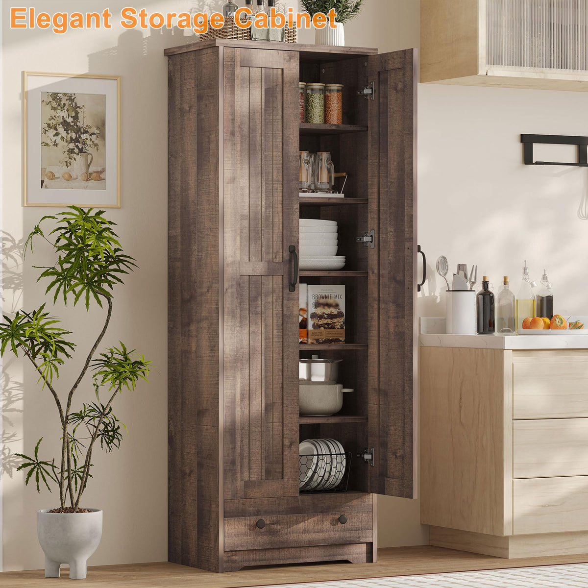 Decofy 70" Tall Storage Cabinets, Large Wood Storage Pantry Cabinet with 6 Adjustable Shelves, 2 Striped Doors & Drawer, Standing Utility Cabinet for Kitchen, Bathroom, Dining Room, Antique (Brown)