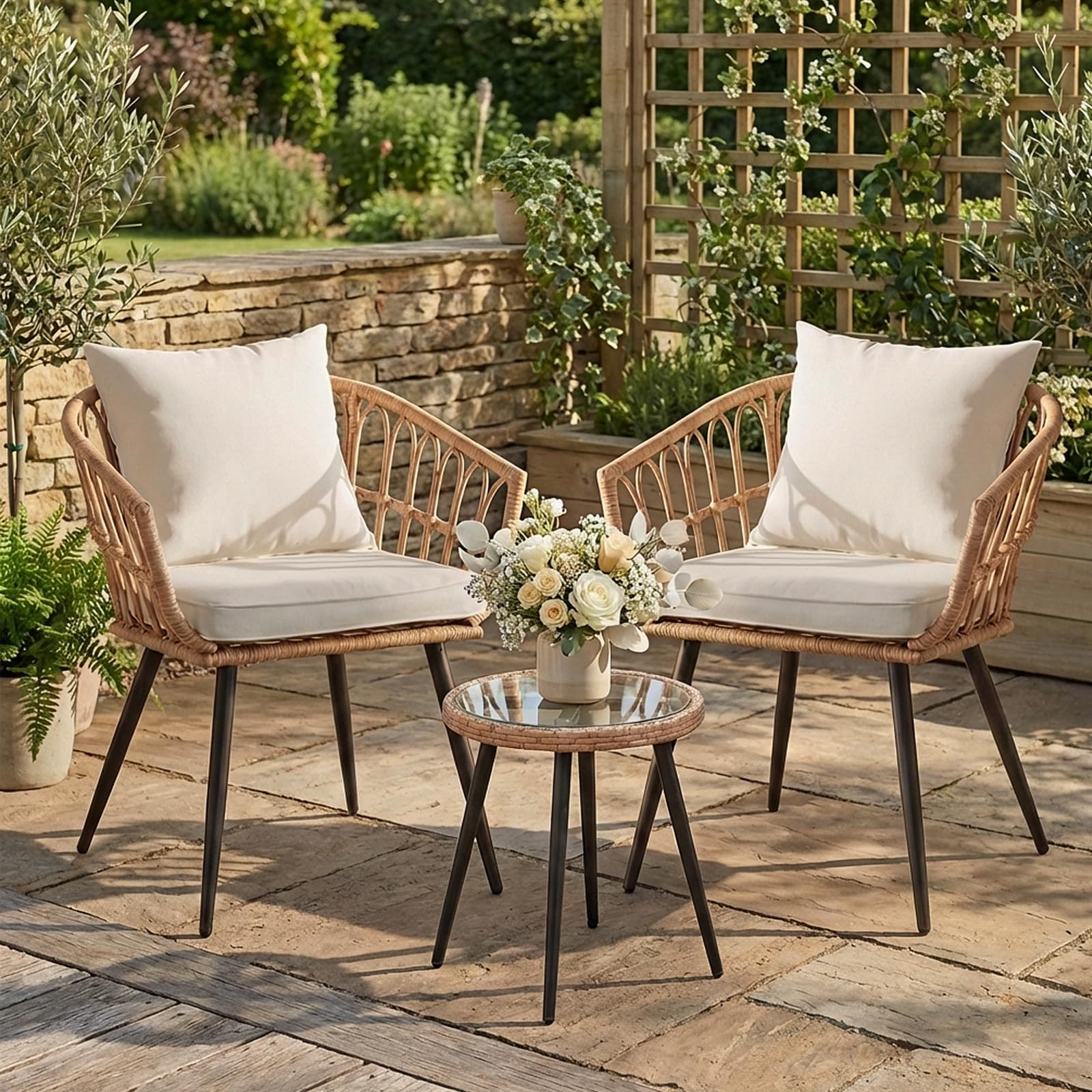 3 Piece Patio Bistro Set, Outdoor Wicker Apartment Balcony Furniture Set, All-Weather Rattan Patio Conversation Set for Backyard, Balcony and Porch with Soft Cushions, Tempered Glass Side Table(Beige)
