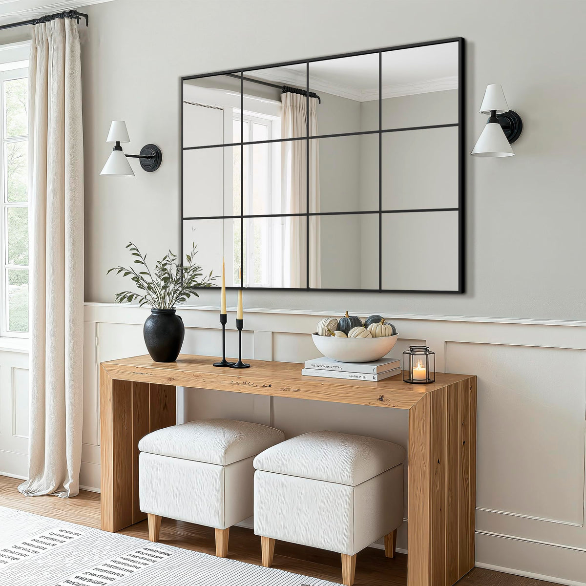 LAWADA Window Pane Wall Mirror with Metal Frame 40"x30" Black