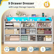 DurayLoly White Dresser for Bedroom with LED Light & Charging Station Modern 9 Drawer Dresser for Bedroom Wood Chest of Drawers for Living Room Hallway, Anti-Tip Safety, 15.6" D x 55" W x 35.5" H