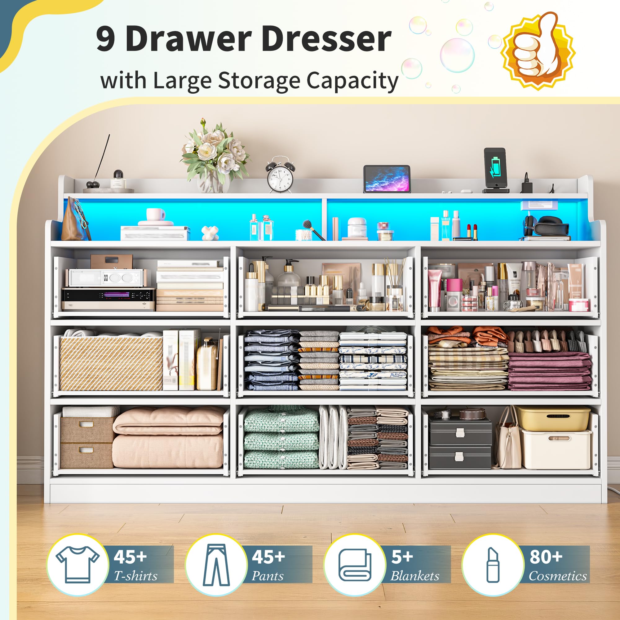 DurayLoly White Dresser for Bedroom with LED Light & Charging Station Modern 9 Drawer Dresser for Bedroom Wood Chest of Drawers for Living Room Hallway, Anti-Tip Safety, 15.6" D x 55" W x 35.5" H