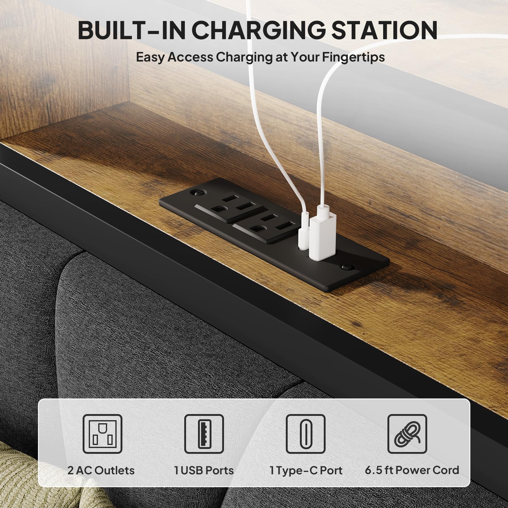 Platform Bed Frame with Storage Headboard, RGB LED Lights & Charging Station