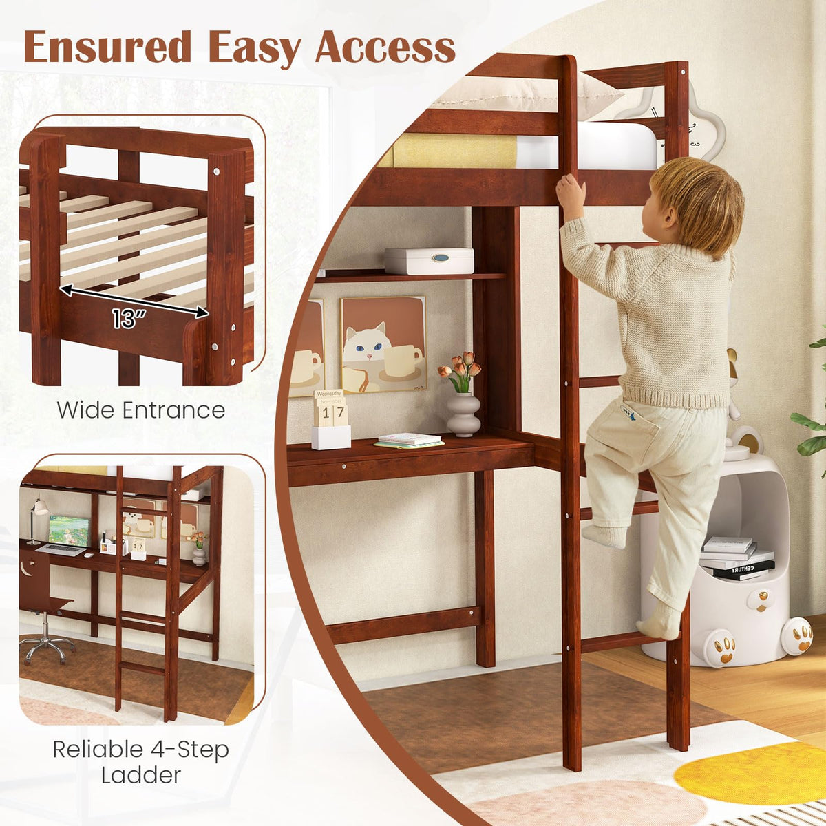 KOMFOTT Twin Loft Bed with Desk, Wood Loft Beds for Kids with Ladder, Solid Pine Wood Frame & Safety Guardrails, No Box Spring Needed, Space-Saving High Loft Bed Frame for Home, Dorm, Brown
