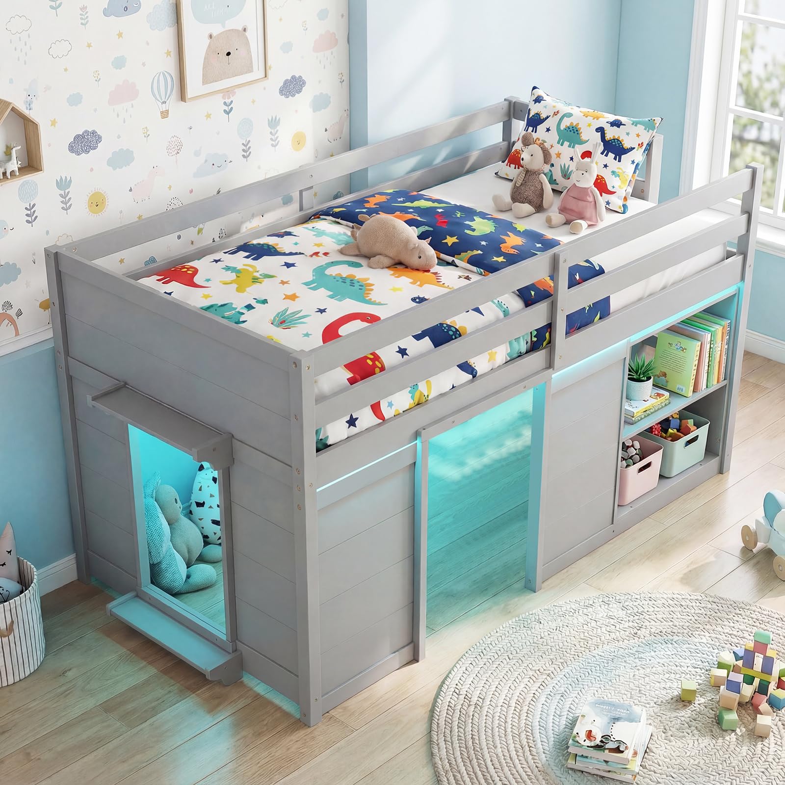 Giantex Loft Bed Twin Size with LED Lights, Wooden Low Bed Frames for Kids w/2 Doors, Under-Bed Play Space & Storage Bookcase, Modern Bedframe with Ladder & Safety Guardrail for Boys Girls (Grey)