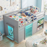 Twin Low Loft Bed with LED Lights, 2 Doors & Storage Bookcase
