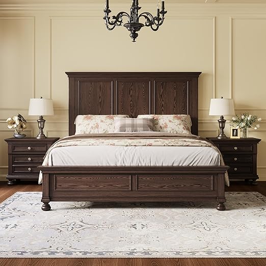 Solid Wood 3-Piece Bedroom Set with Bed Frame & 2 Nightstands