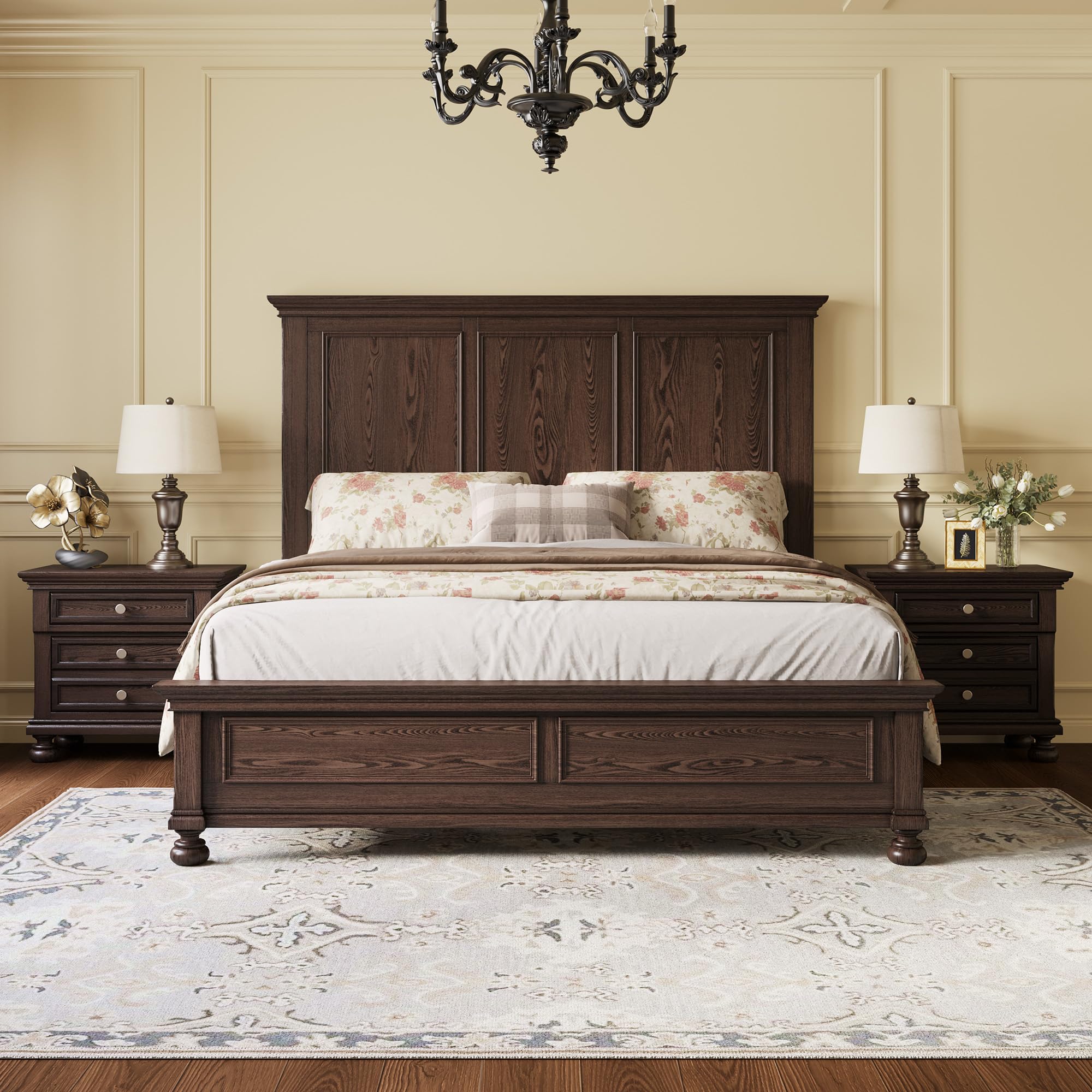 Solid Wood 3-Piece Bedroom Set with High Bed Frame & Nightstands – Dark Brown