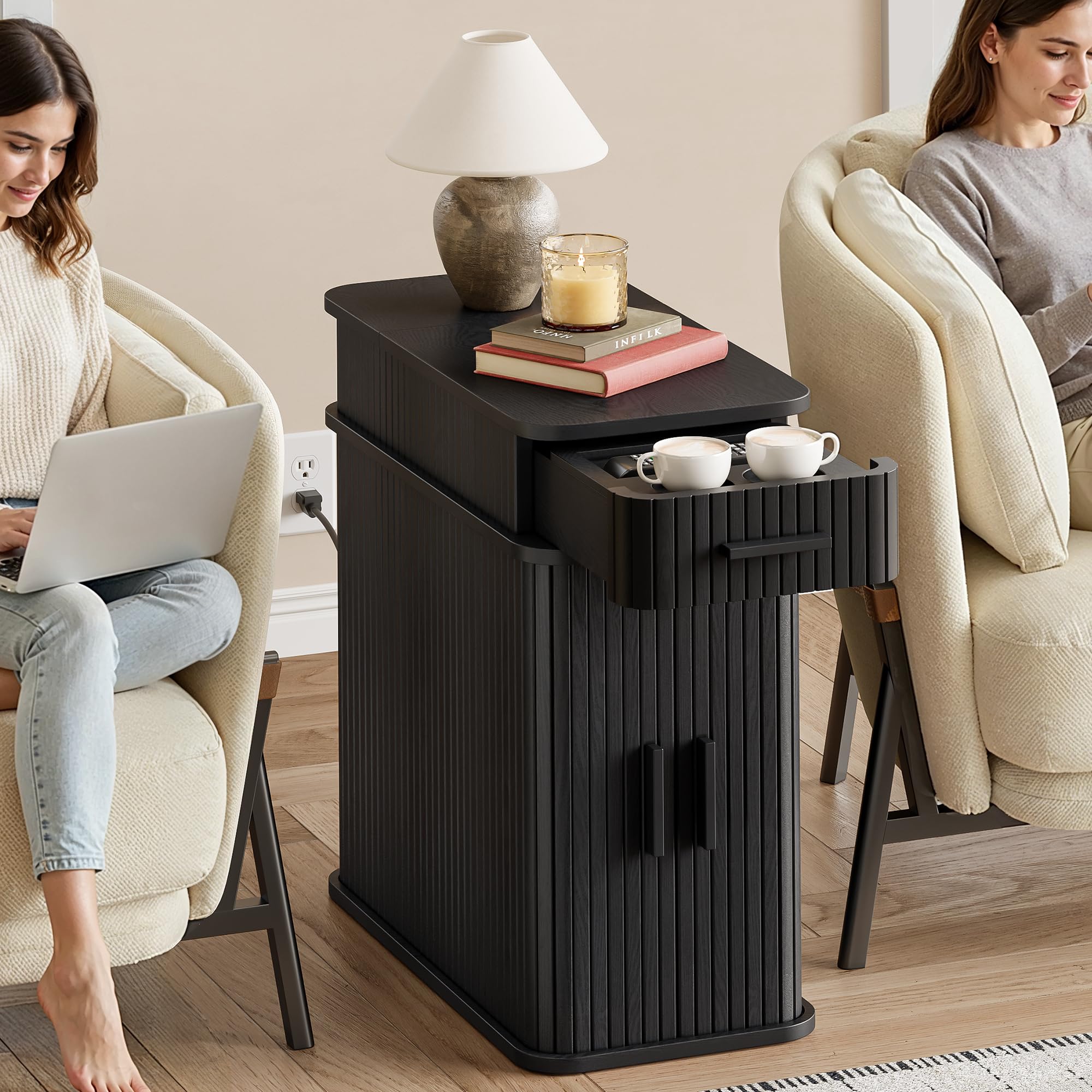 Fluted End Table with Charging Station & Storage