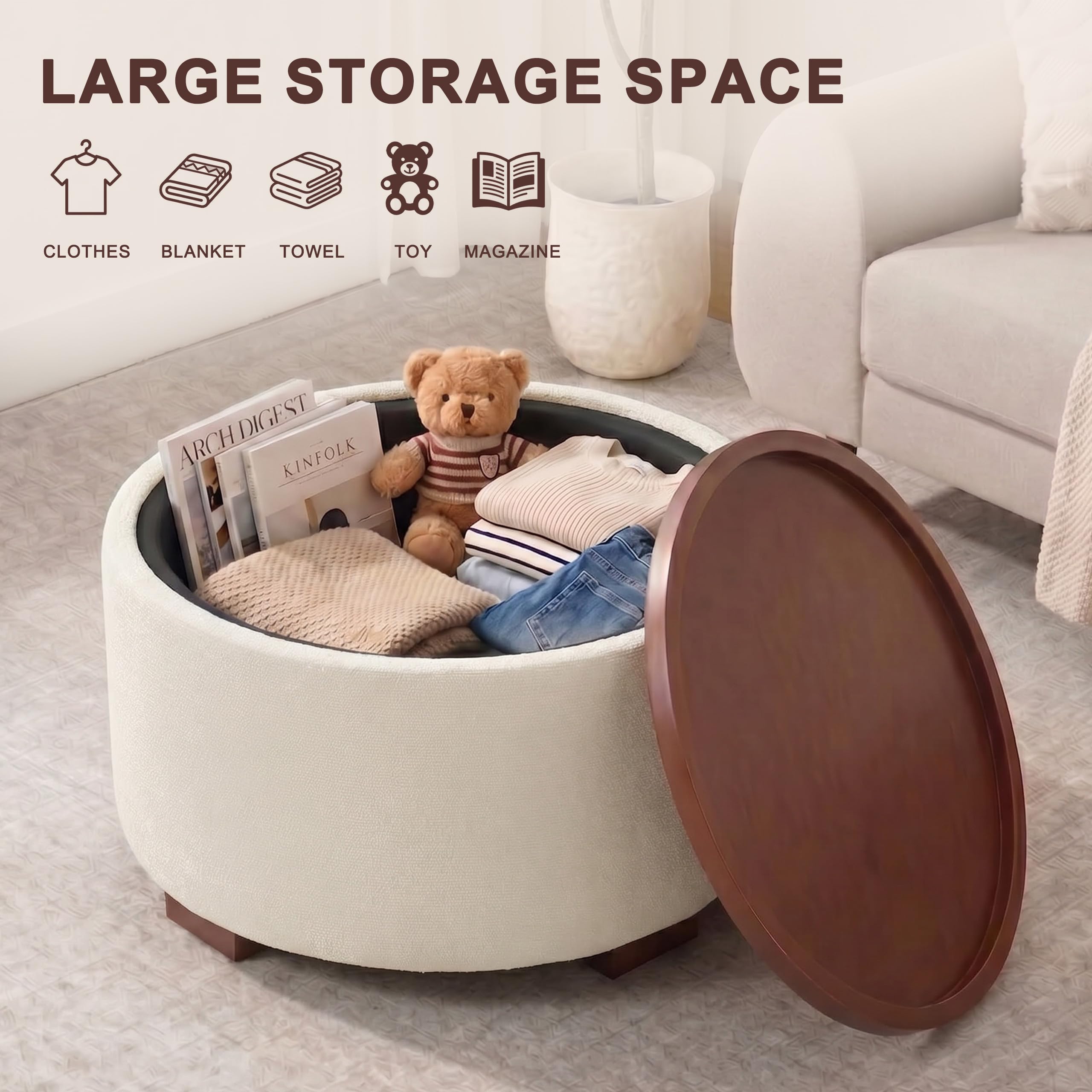 Huatean Home 29.1 Inch Round Coffee Table, Storage Ottoman with Removable Lid Top and Solid Wood Legs, Round Ottoman with Storage for Living Room, Bedroom, Corners, Entryway, Boucle Ottoman, Beige