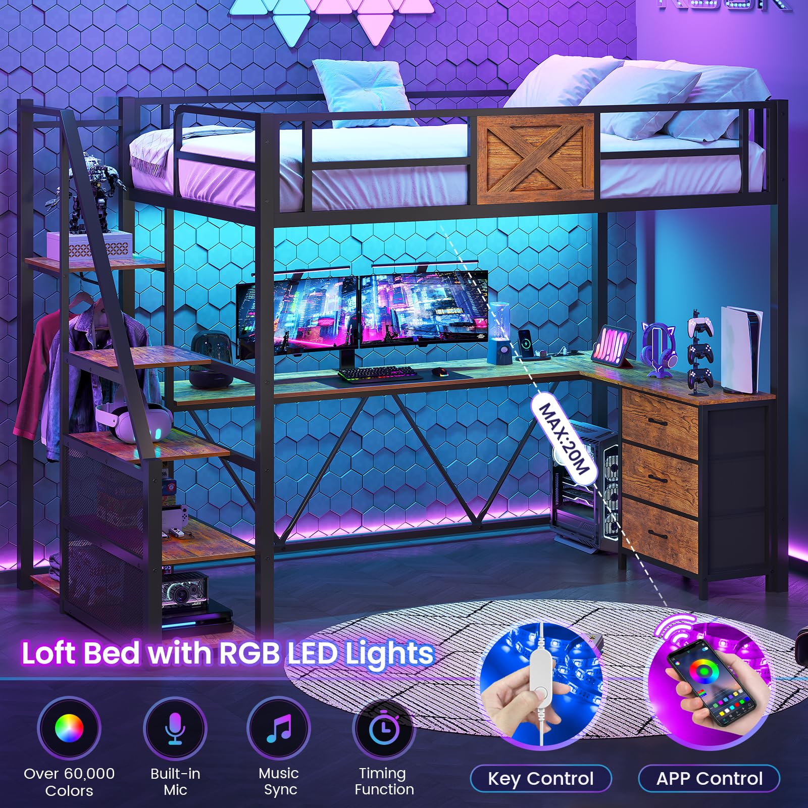 Loft Bed with L-Shaped Desk, Wardrobe & Storage Stairs