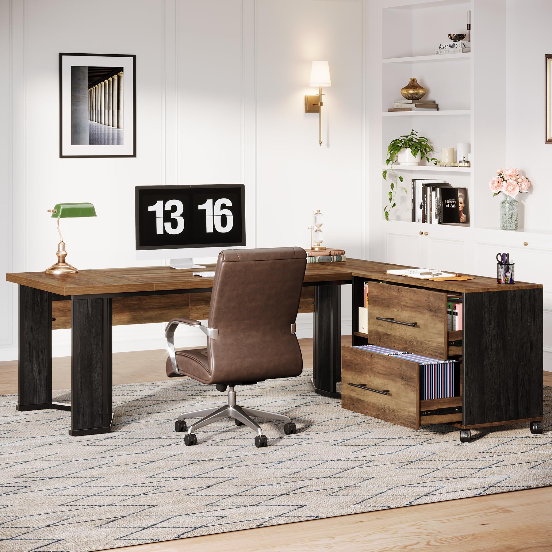 L-Shaped Executive Desk with File Cabinet