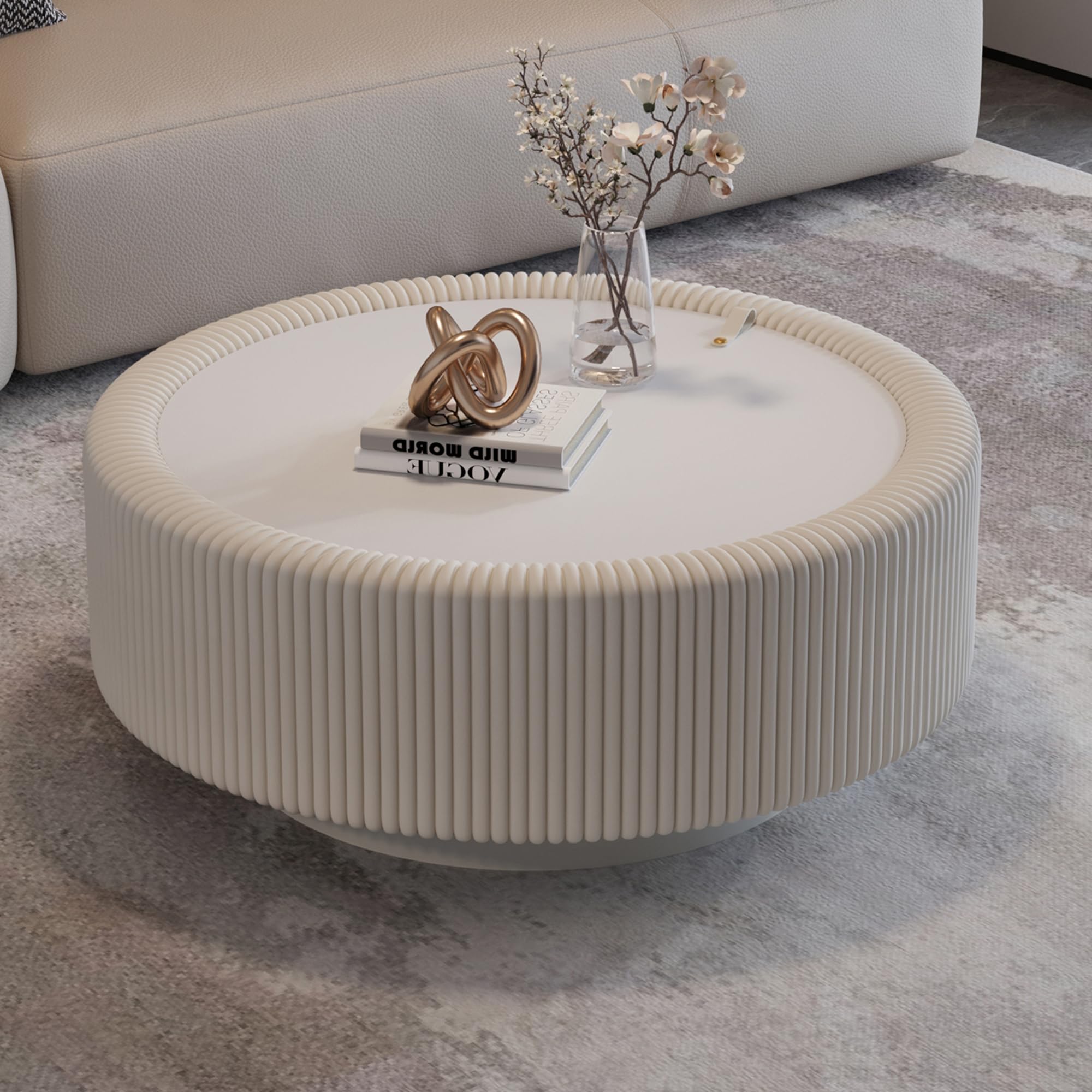 KEIKI Round Coffee Table with Tempered Glass Top, Fluted PU Leather Coffee Tables with Hidden Storage, Modern Accent Tea Table with Metal Base for Living Room Bedroom Small Space, White