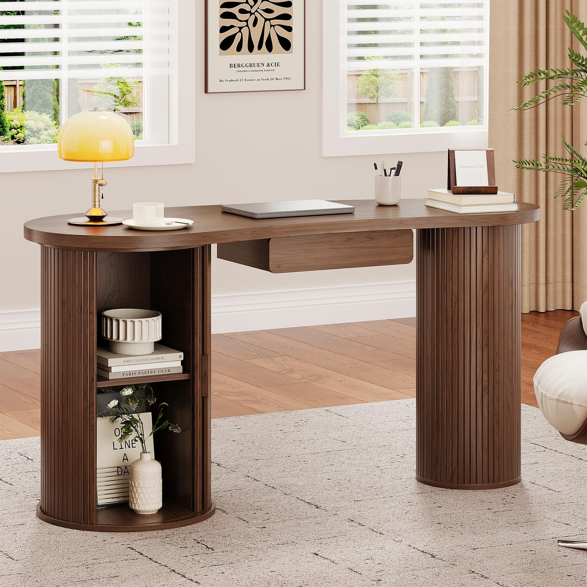 ONBRILL 59 Inches Home Office Desk with Storage, Fluted Corner Desk, Walnut