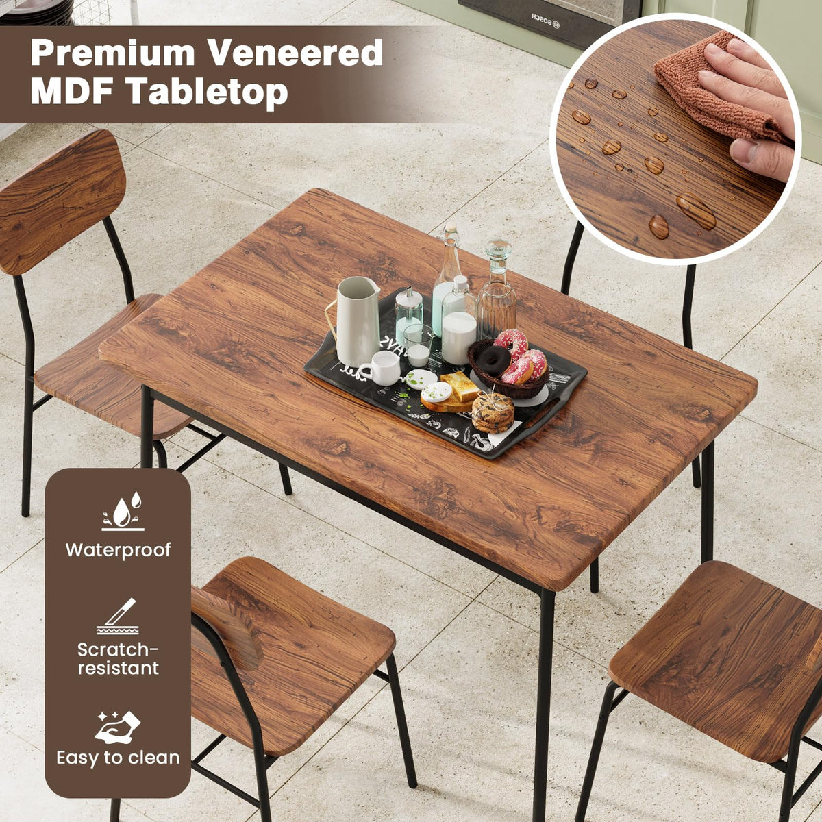 Tangkula Dining Table Set for 4, Square Kitchen Table & Chair Set, Brown