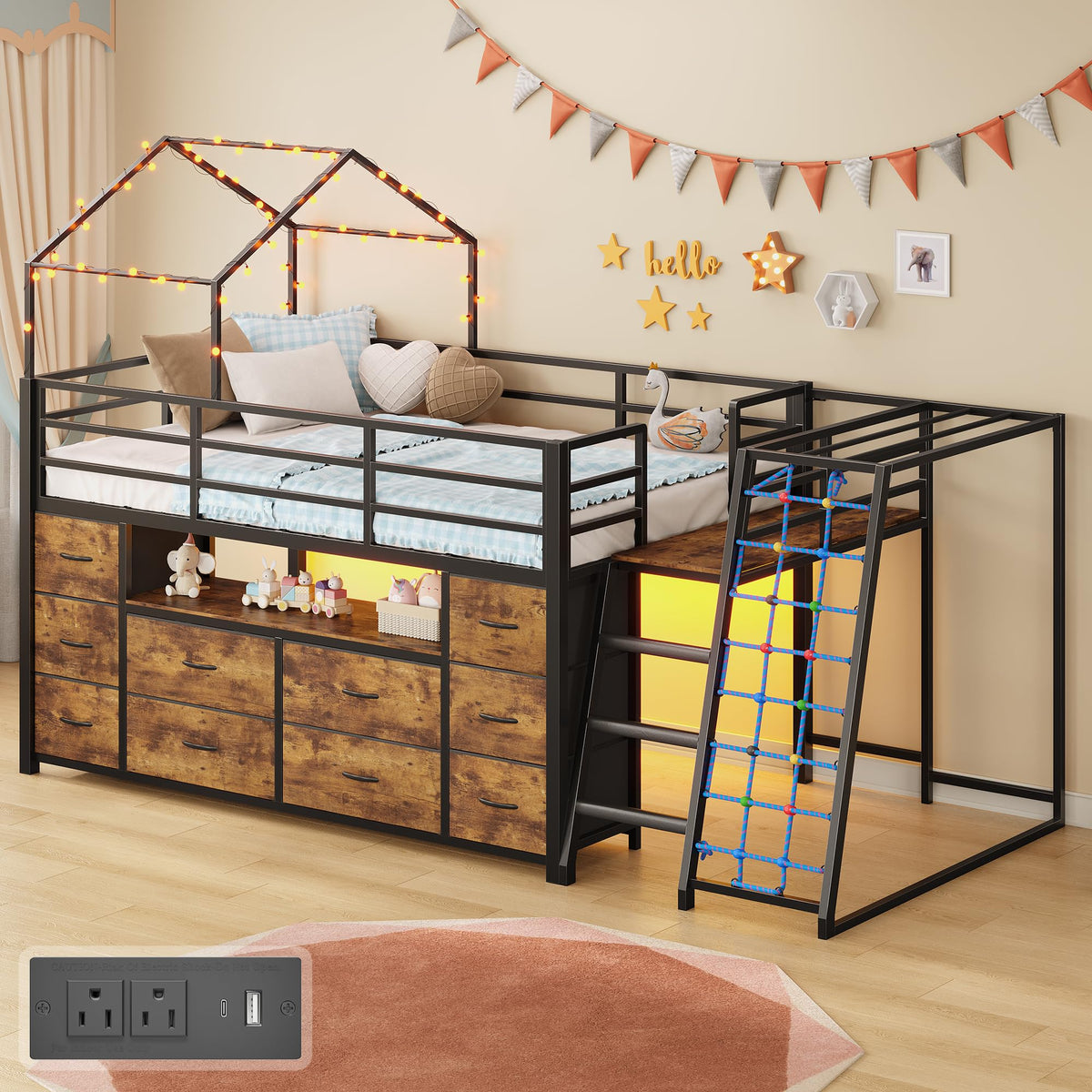busyaeh Twin Low Loft Bed with Climbing Net and 10 Drawers, Rustic Brown