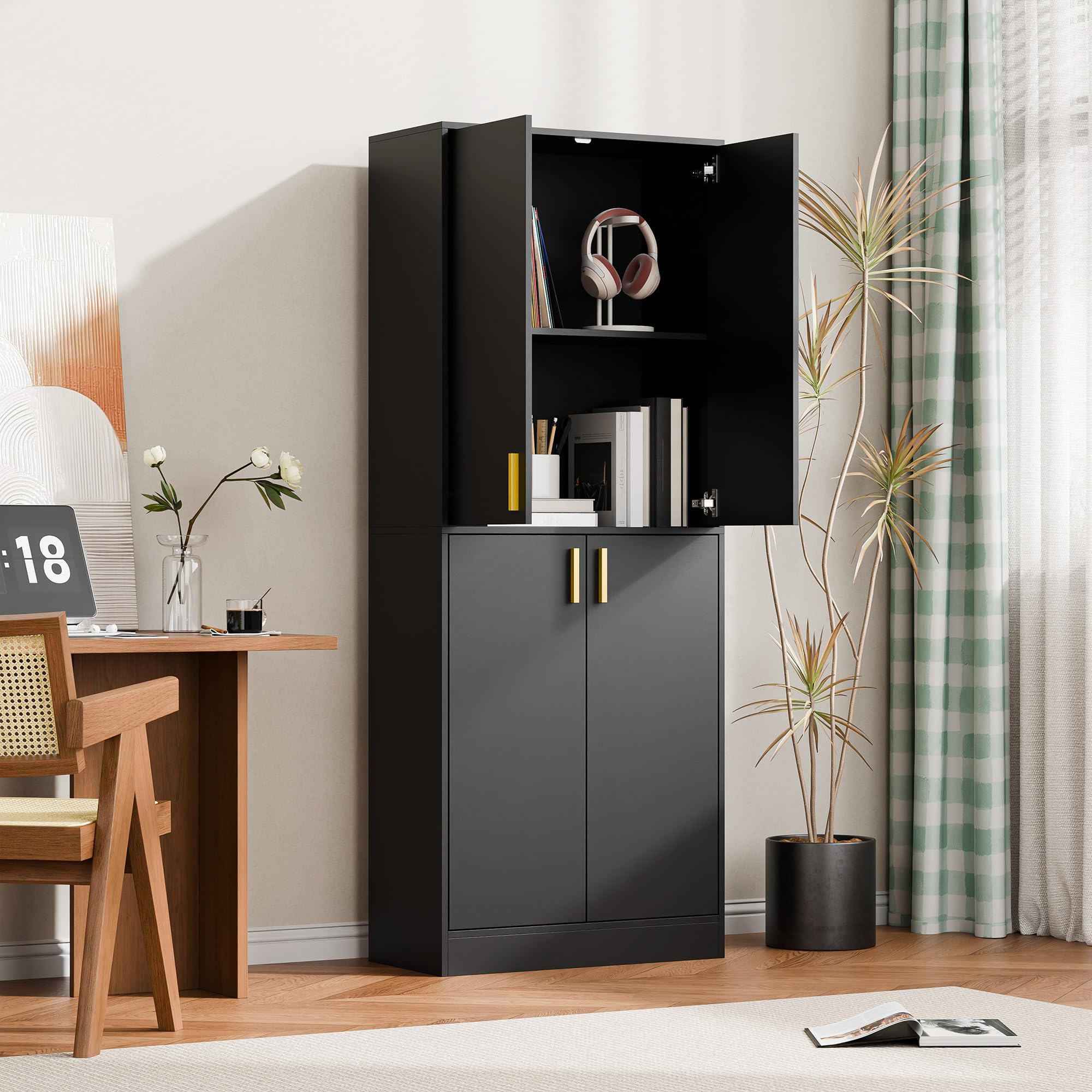 Cozy Castle Kitchen Pantry Cabinet, 71" Tall Wood Storage Cabinet with Doors and Shelves 4 Doors Freestanding Cupboard for Dining Room Living Room Furniture, Black