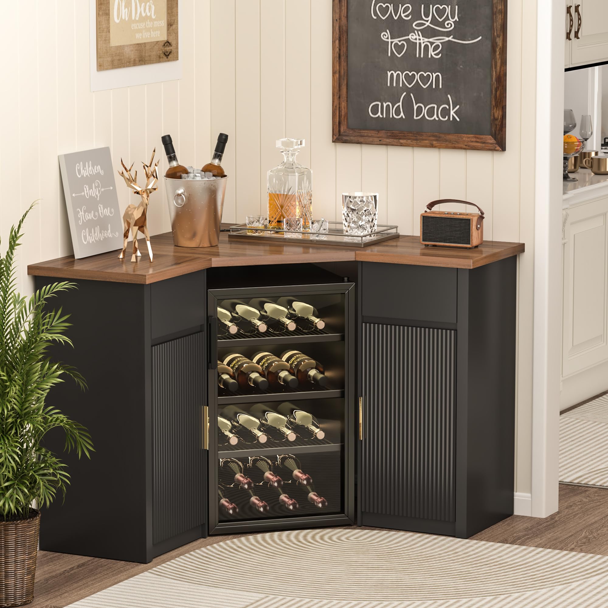 Corner Bar Cabinet with Fridge Space & Storage
