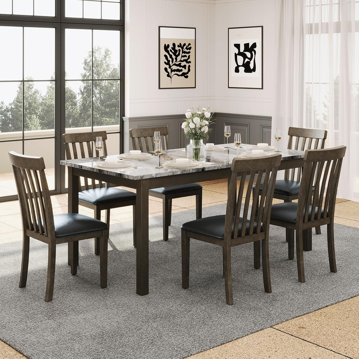 AMERLIFE 7-Piece Dining Table Set, 71" Faux Marble Modern Table, Dark Brown