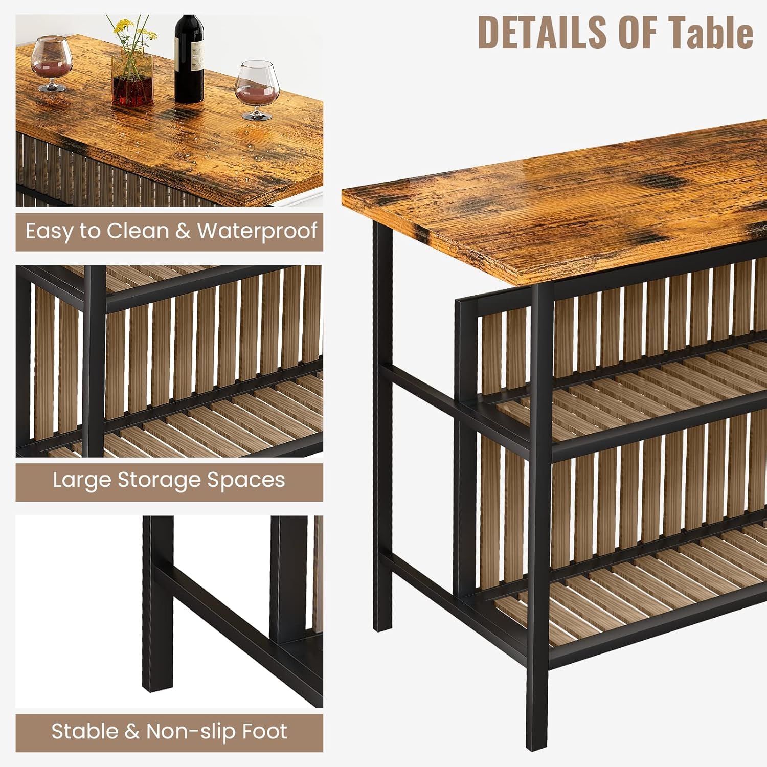 3-Piece Industrial Bar Table Set with Storage