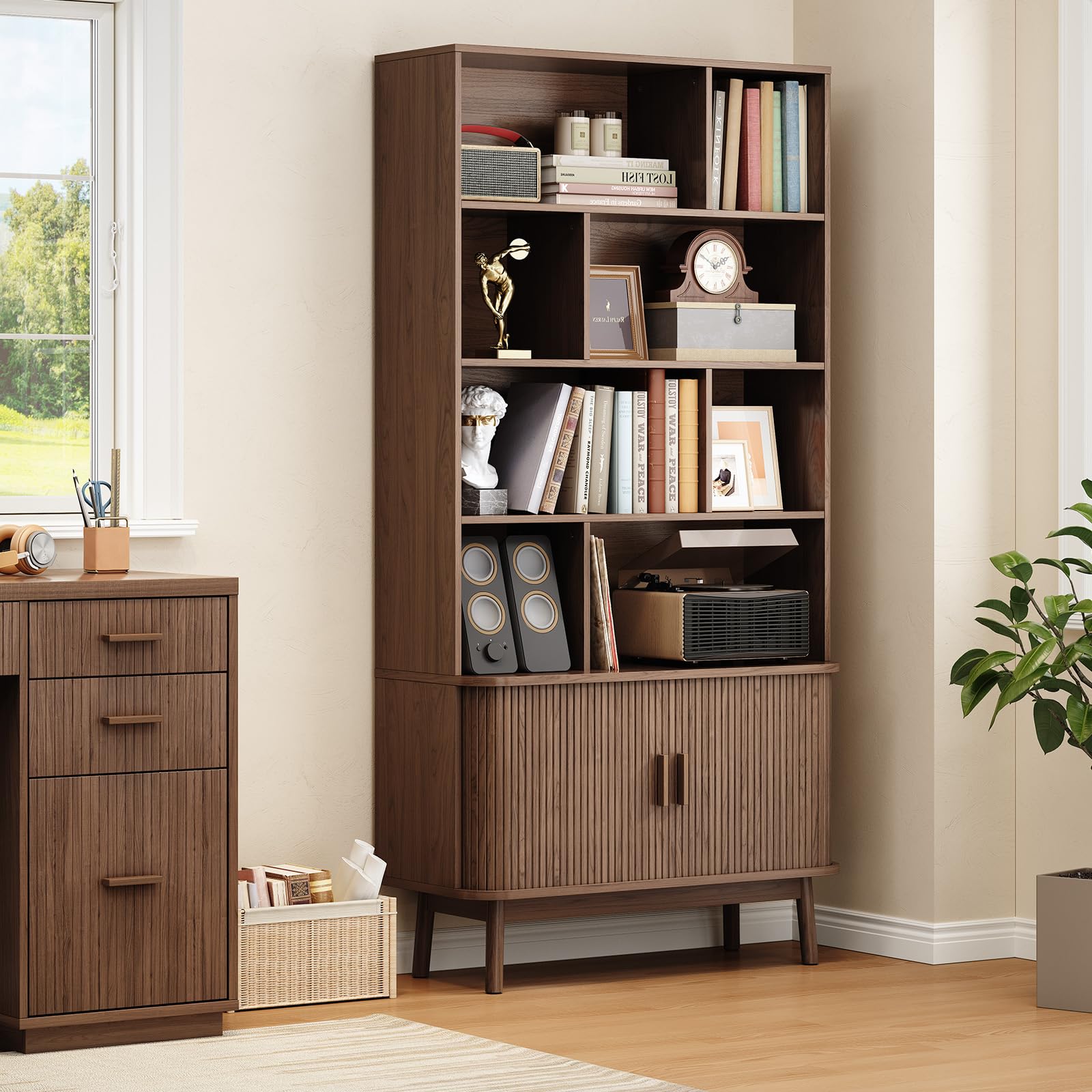 ONBRILL 71" Tall 8-Cube Storage Bookshelf, 35.4" Wide Mid-Century Modern Bookcase with Sliding Door Storage Cabinet, Freestanding Bookshelf with Solid Wood Feet, for Home Office, Living Room, Walnut
