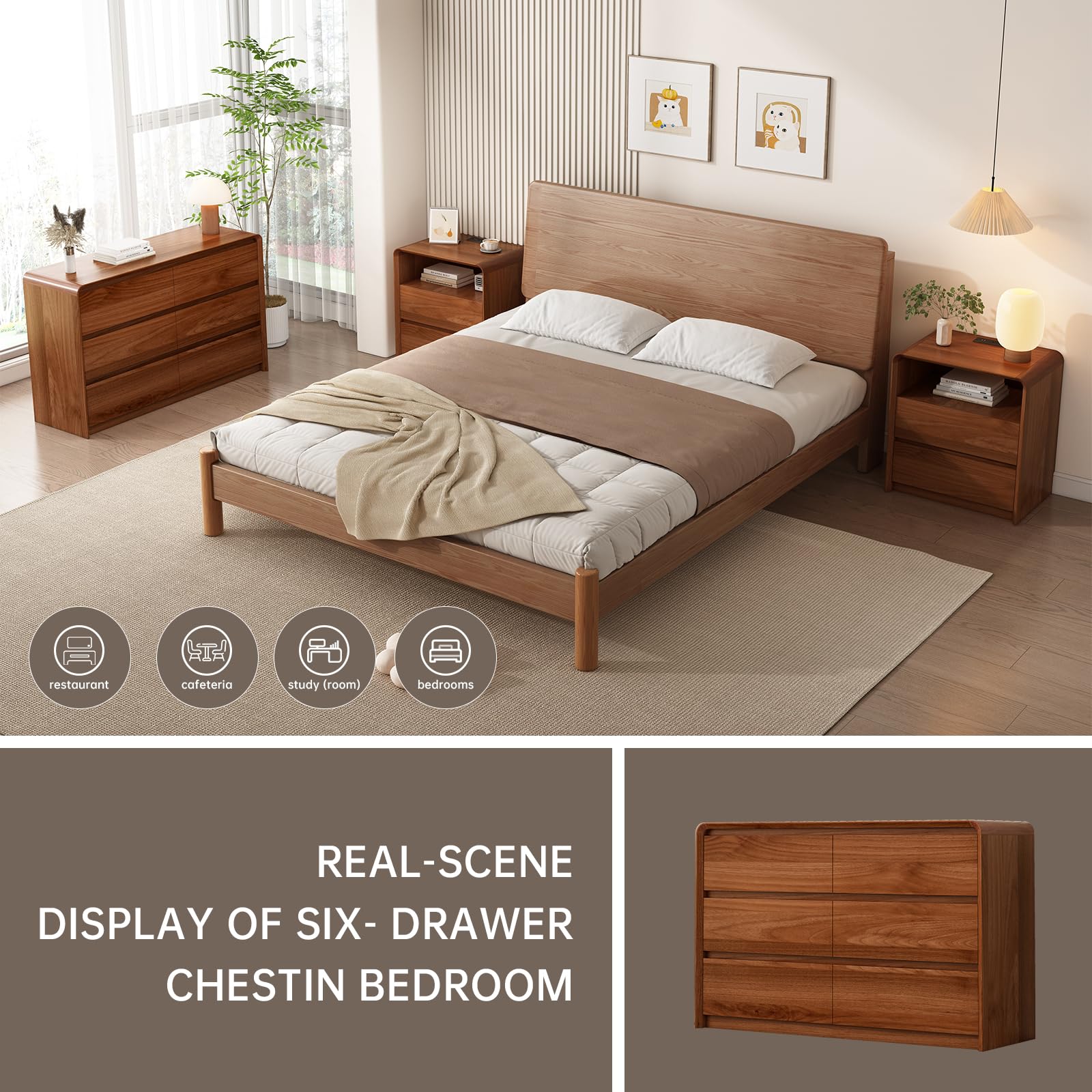 Lazeamo Modern 6 Drawer Dresser Storage Cabinet for Bedroom, Living Room, 47-Inch Wood Chest of Drawers, Curved Anti-Collision Design, Natural Texture.(Walnut)