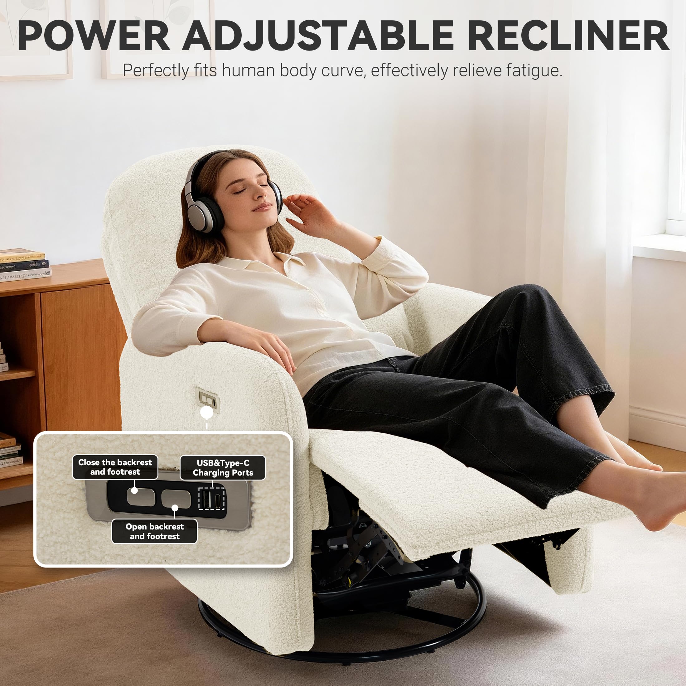 Culect 270 Swivel Rocker Recliner Chair, Ladies Electric Power Recliner for Small Spaces, Nursery and Apartment, Beige Plush