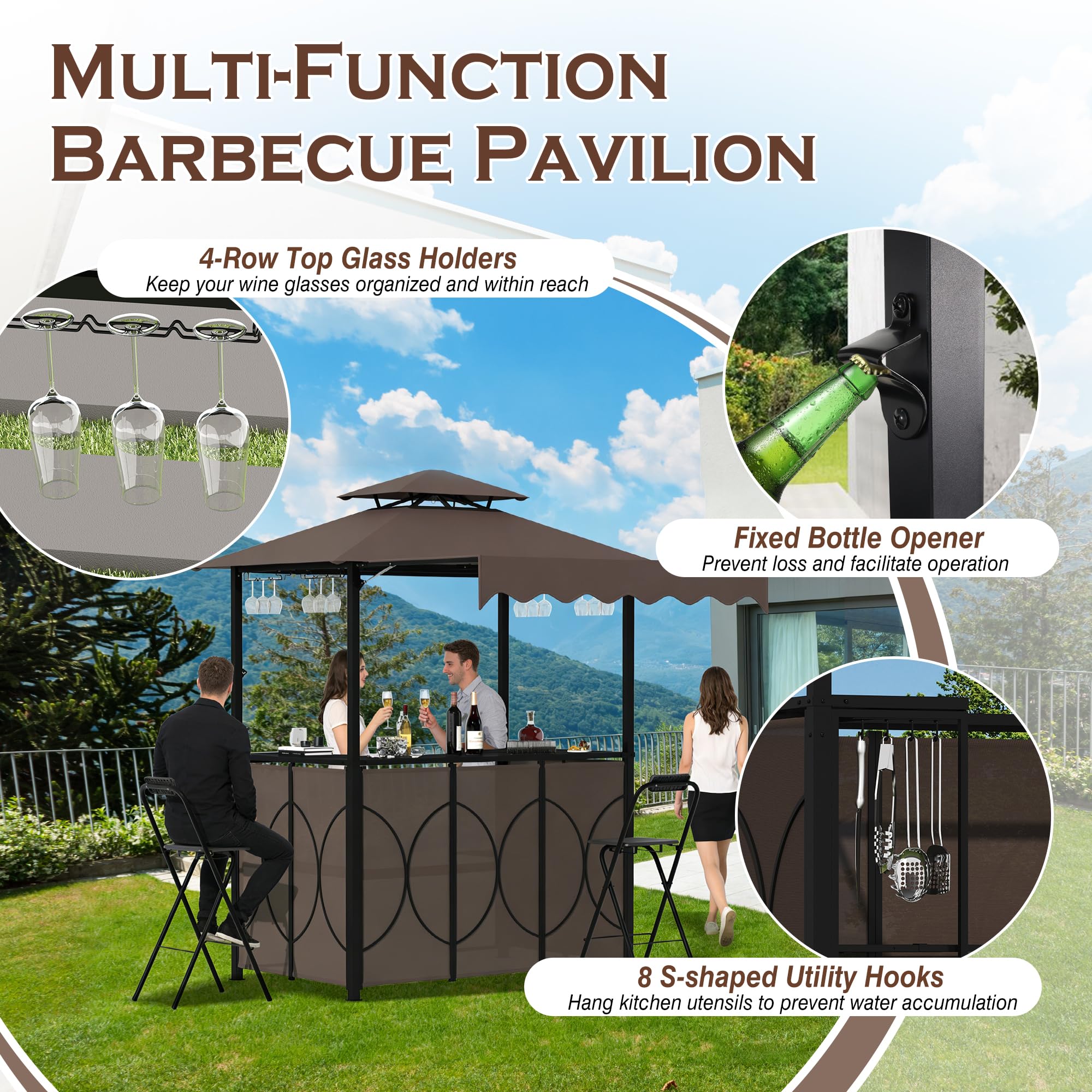Grepatio 3 Piece Patio Bar Set with Canopy, Grill Gazebo with Bar Table and 2 Foldable Stools, Outdoor Bar Set with Storage Shelves, Extra Adjustable Shadow, Glass Holders for Garden Backyard