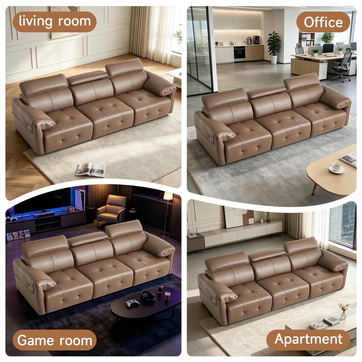 Genuine Leather Sofa with Adjustable Headrests, 122" Modern Modular Sectional Couch with Drop-Down Cup Holder Console, 3-Seater Leather Couches with Solid Wood Frame for Living Room, Office, Brown