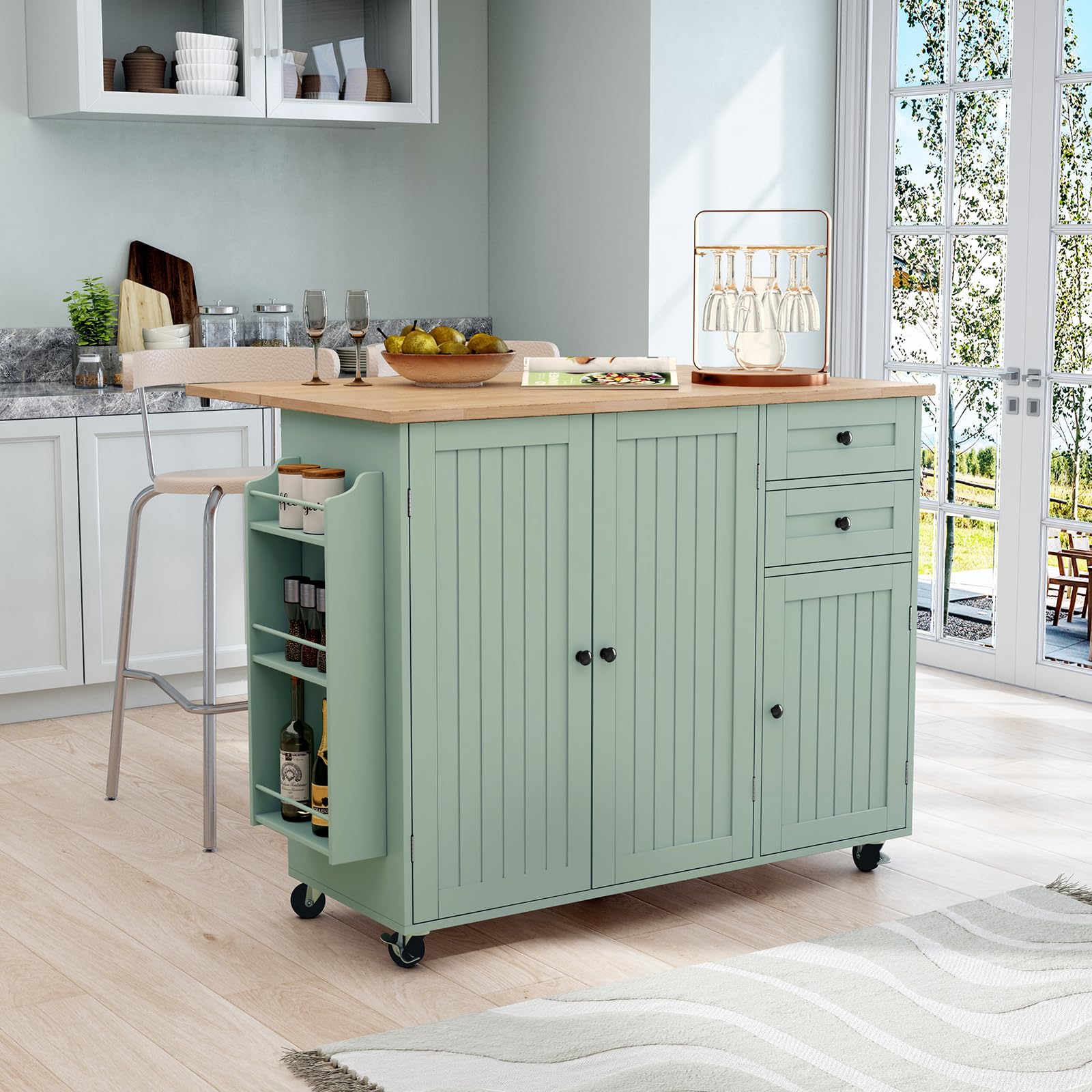 HLR Kitchen Island with Storage, Sage Green Rolling Kitchen Cart on Wheels with Drop-Leaf Bar Countertop, Islands Prep Table with Side Open Spice Rack and Tower Rack, Extra Storage for Kitchen