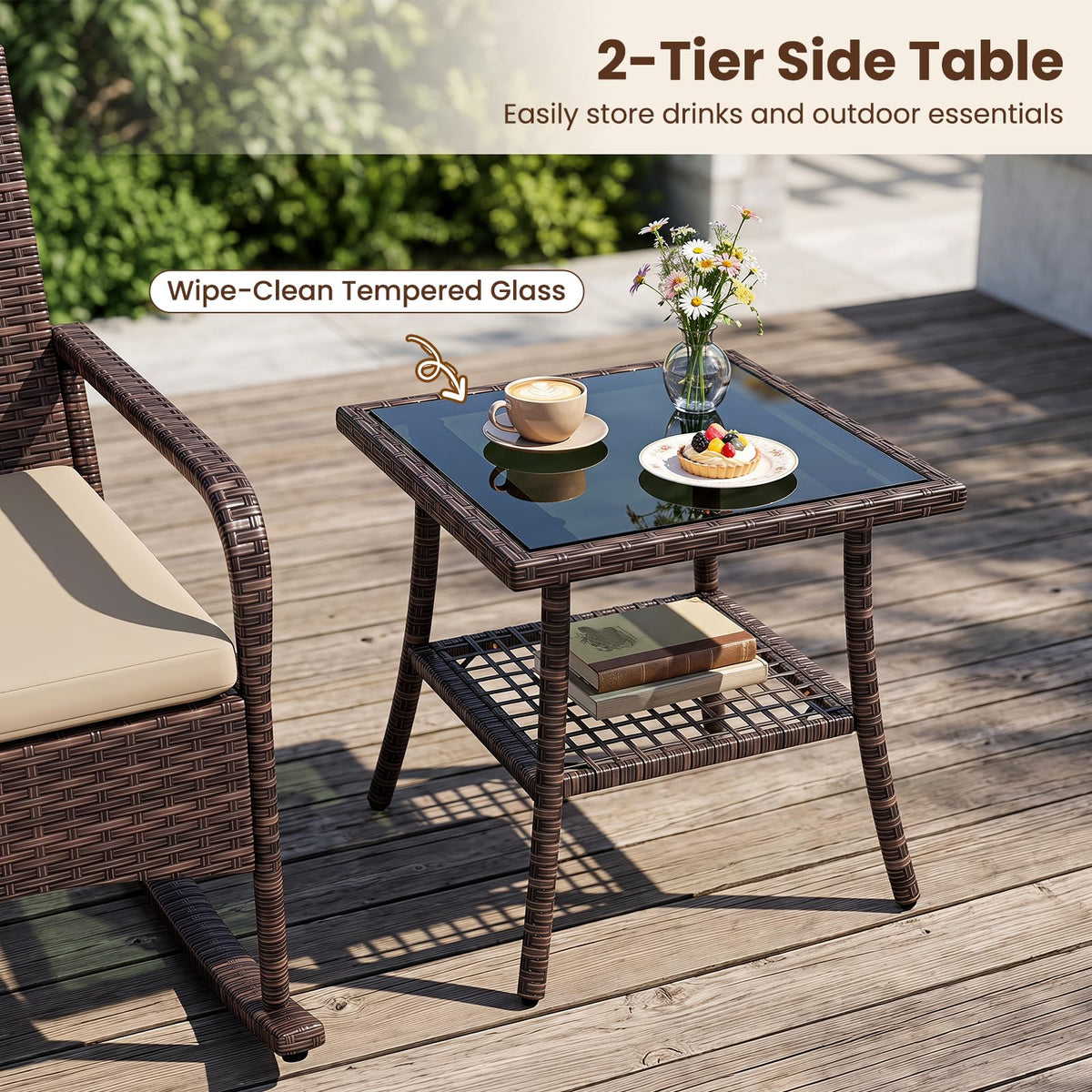 Tangkula 3-Piece Outdoor Wicker Rocking Bistro Set with 2-Tier Coffee Table
