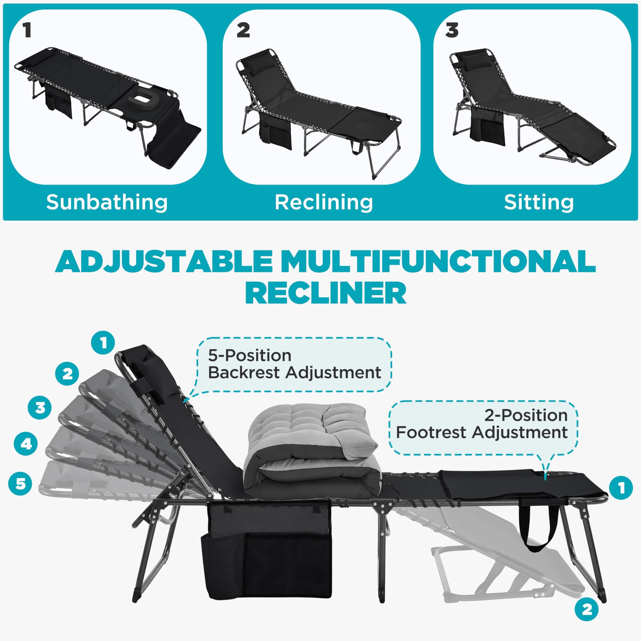 5-Position Folding Tanning Lounge Chair