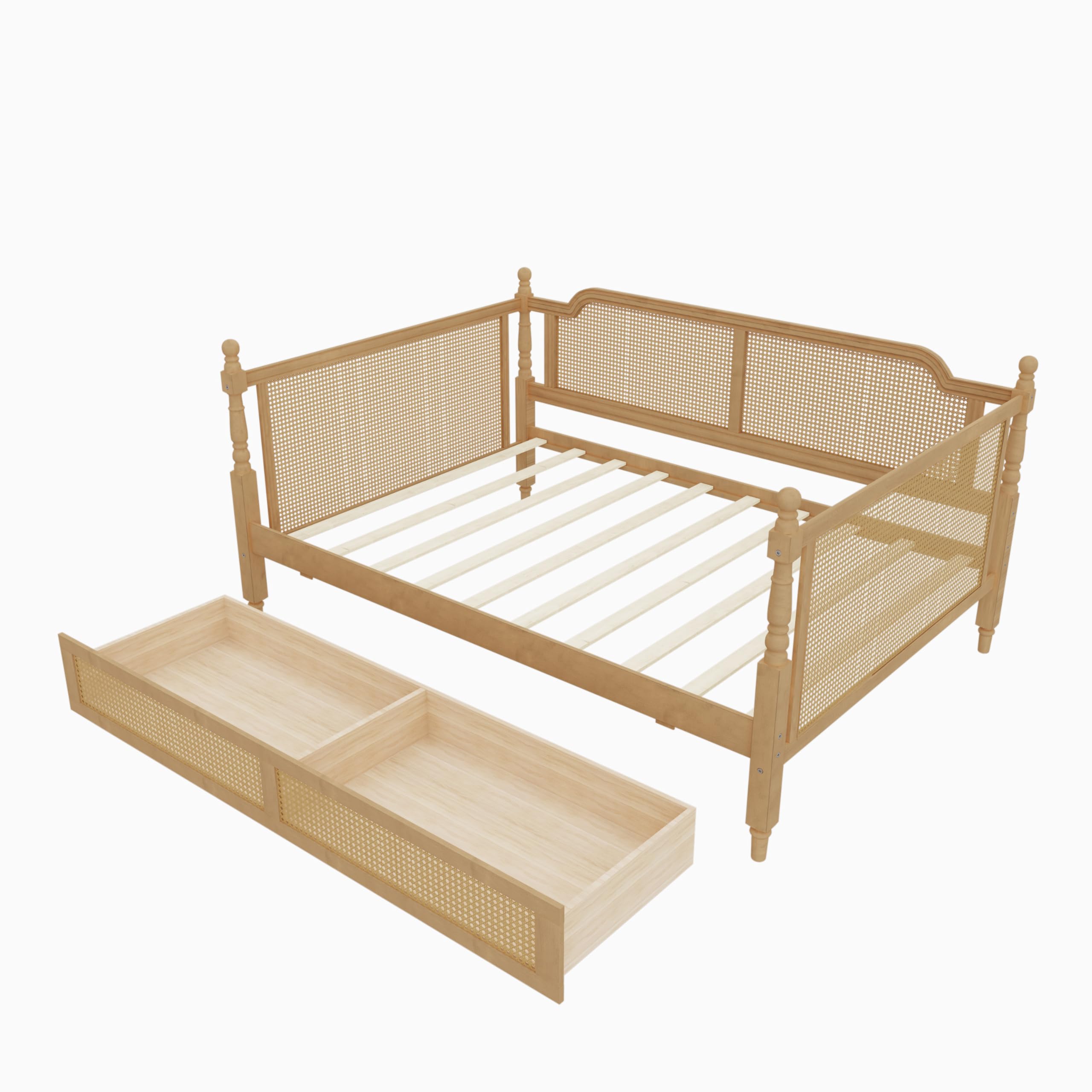 SOFTSEA Rattan Full Daybed with Storage Drawers, Traditional Boho Daybed with Wood Slats Support for Living Room Bedroom, No Box Spring Needed, Easy Assembly, Antique Walnut