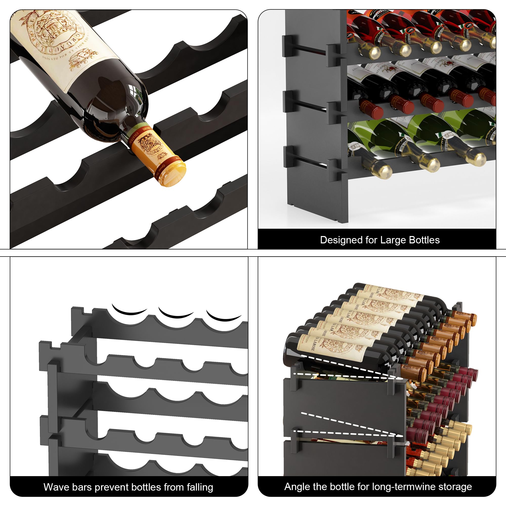 WISUCART Wine Rack Freestanding Floor Bamboo Stackable Wine Storage Racks Wall Mounted, Modular Wine Bottle Stand Holder Display Shelf for Cabinet, Kitchen, Bar (Black)
