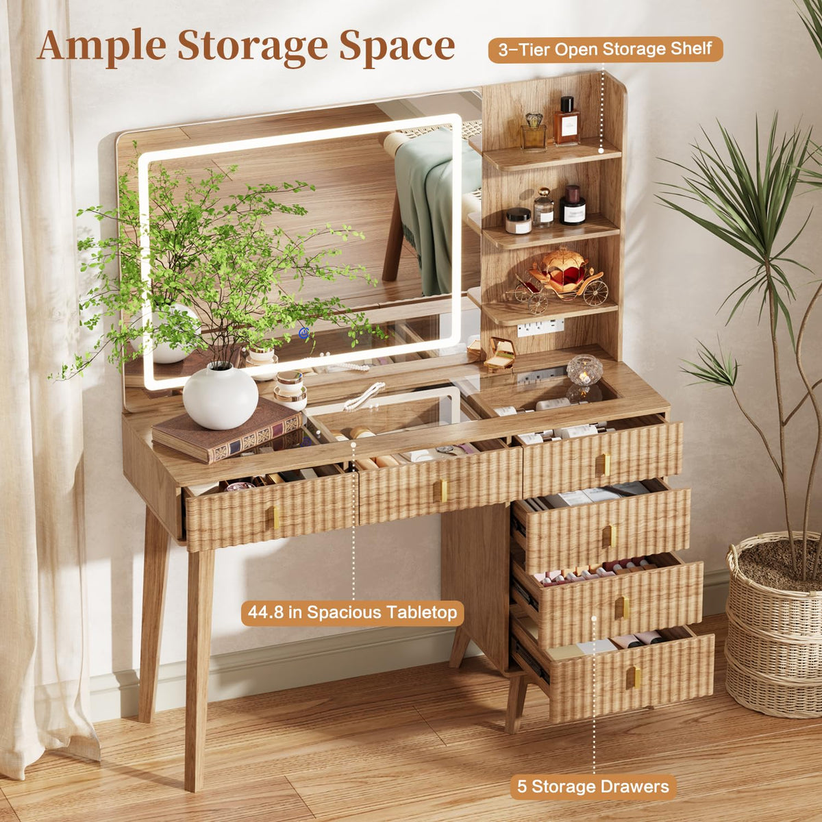Large Makeup Vanity Desk with Mirror and Lights, Vanity Desk with 6 Drawers & Storage Shelves, Vanity Table with Power Outlet, 3 Color Modes & Adjustable Brightness Dressing Table, Bedroom,Wood