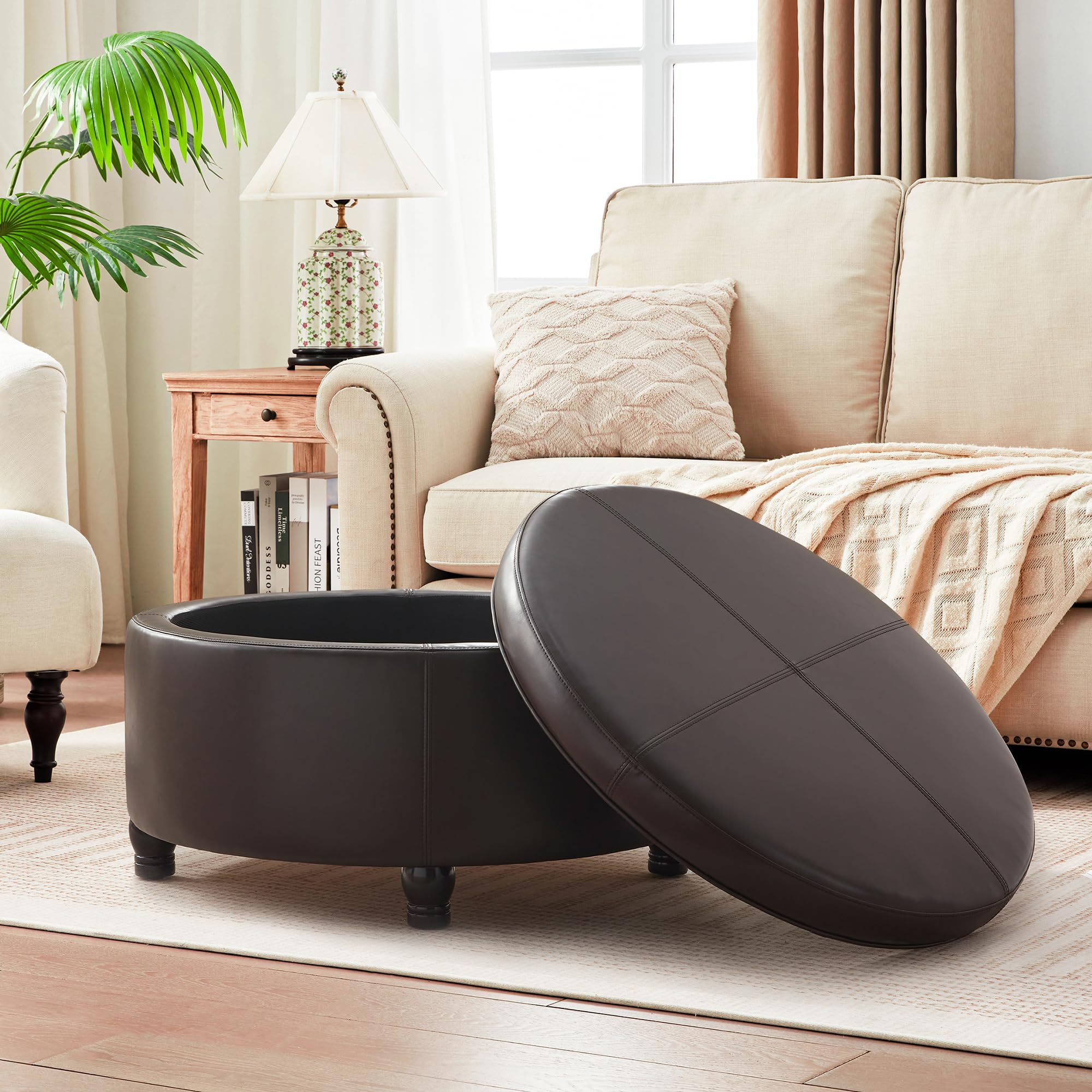 MIQMICMIK 30-Inch Round Storage Ottoman, Modern Ottoman Coffee Table with Removable Top for Living Room, Bedroom, Office (Brown)