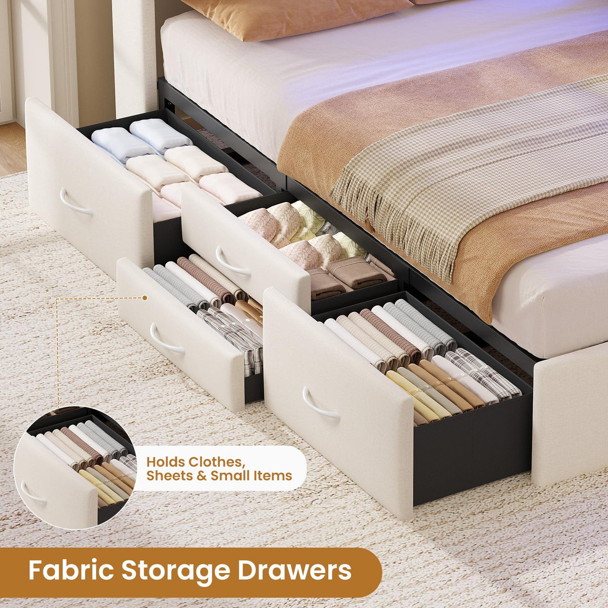 Twin Corner Bed Frame with Bookcase Headboard, 4 Storage Drawers, Beige