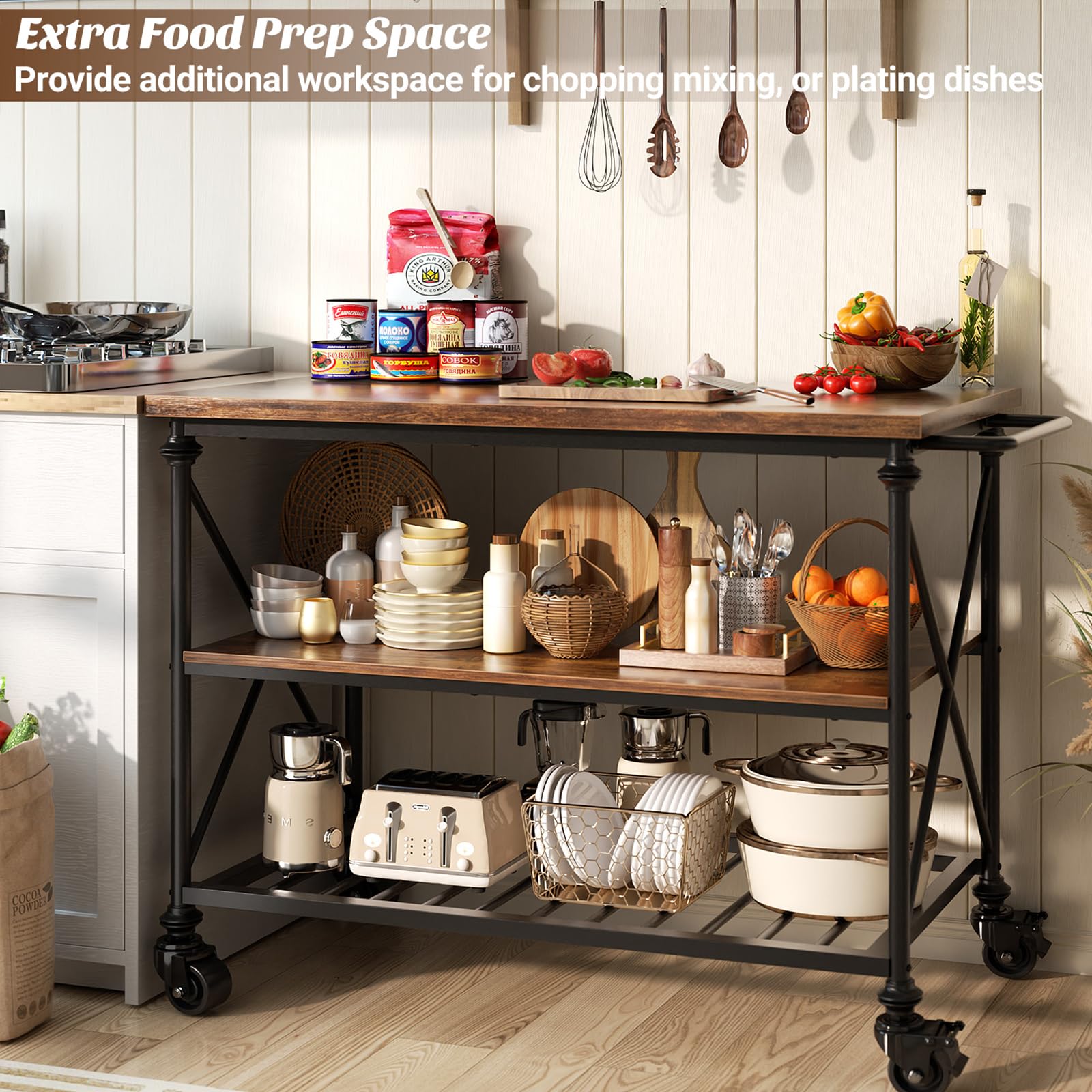 3-Tier Rolling Kitchen Island with Pipe Legs
