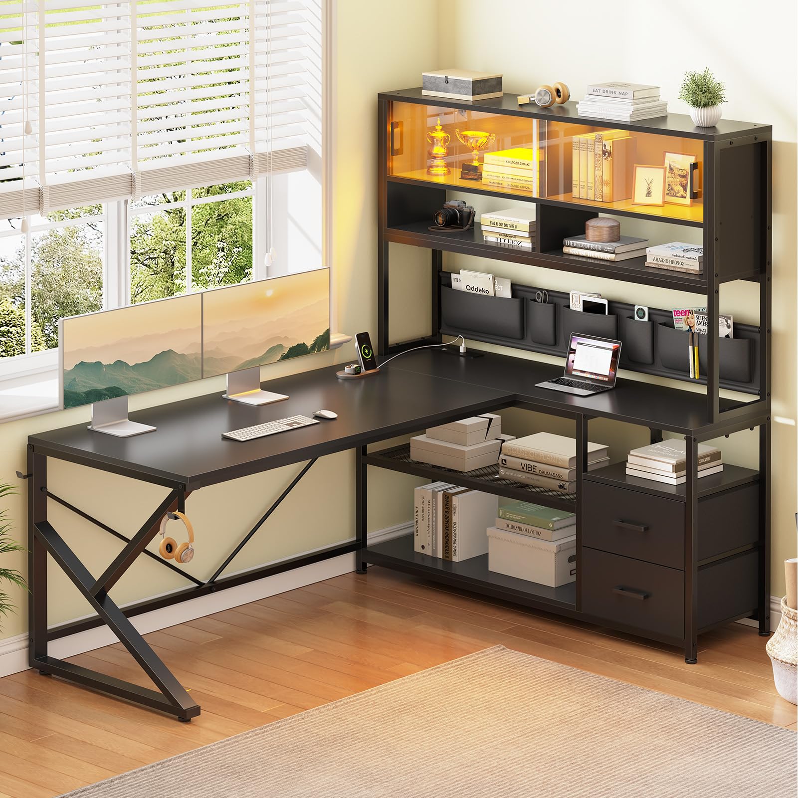 L-Shaped Gaming Desk with Bookshelf & LED Light