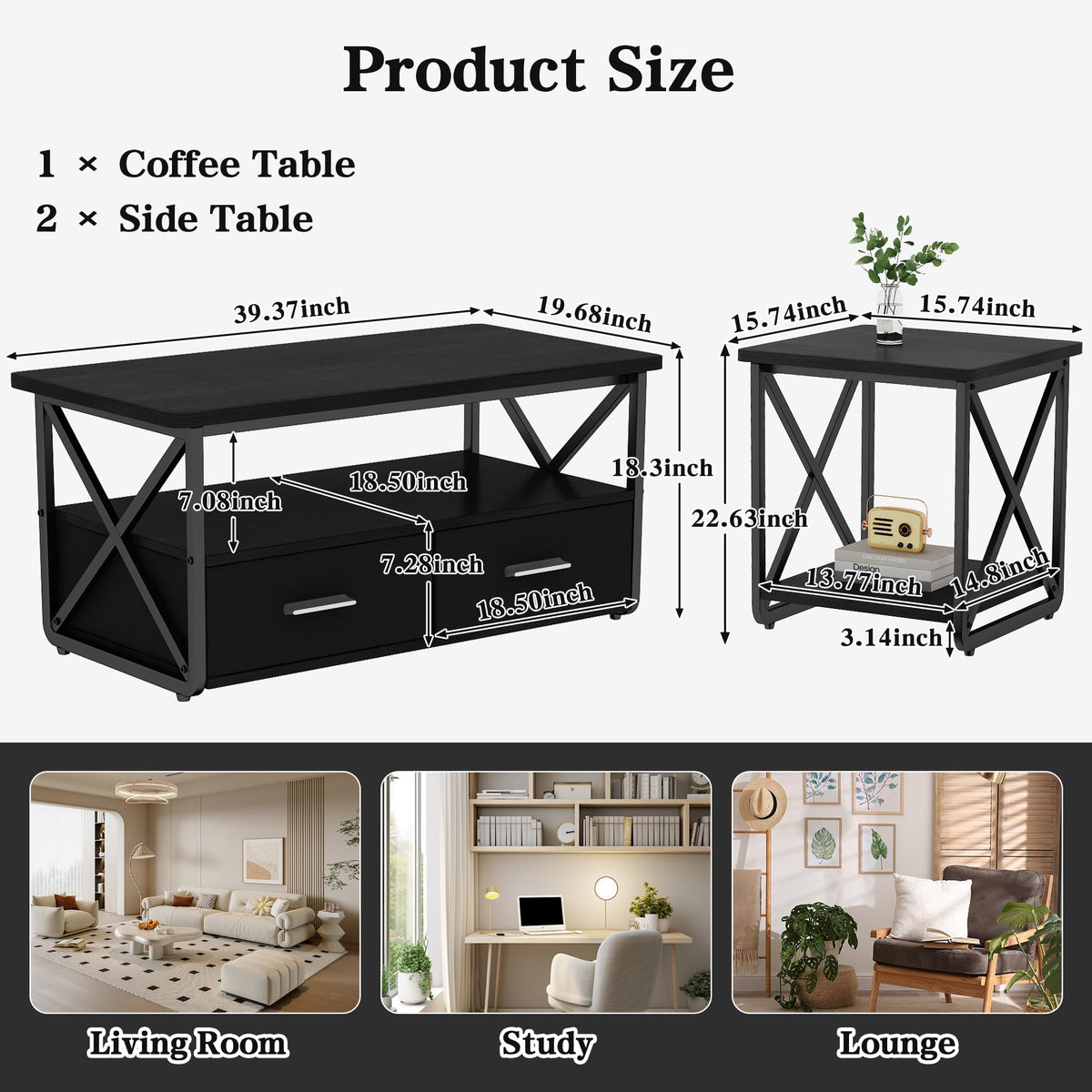 DKLGG 3 Piece Coffee Table Set for Living Room with Fabric Drawers and Storage Shelves, Rustic Wood and Metal Frame, Industrial Farmhouse Table with 2 End Tables for Small Spaces, Apartment, Black