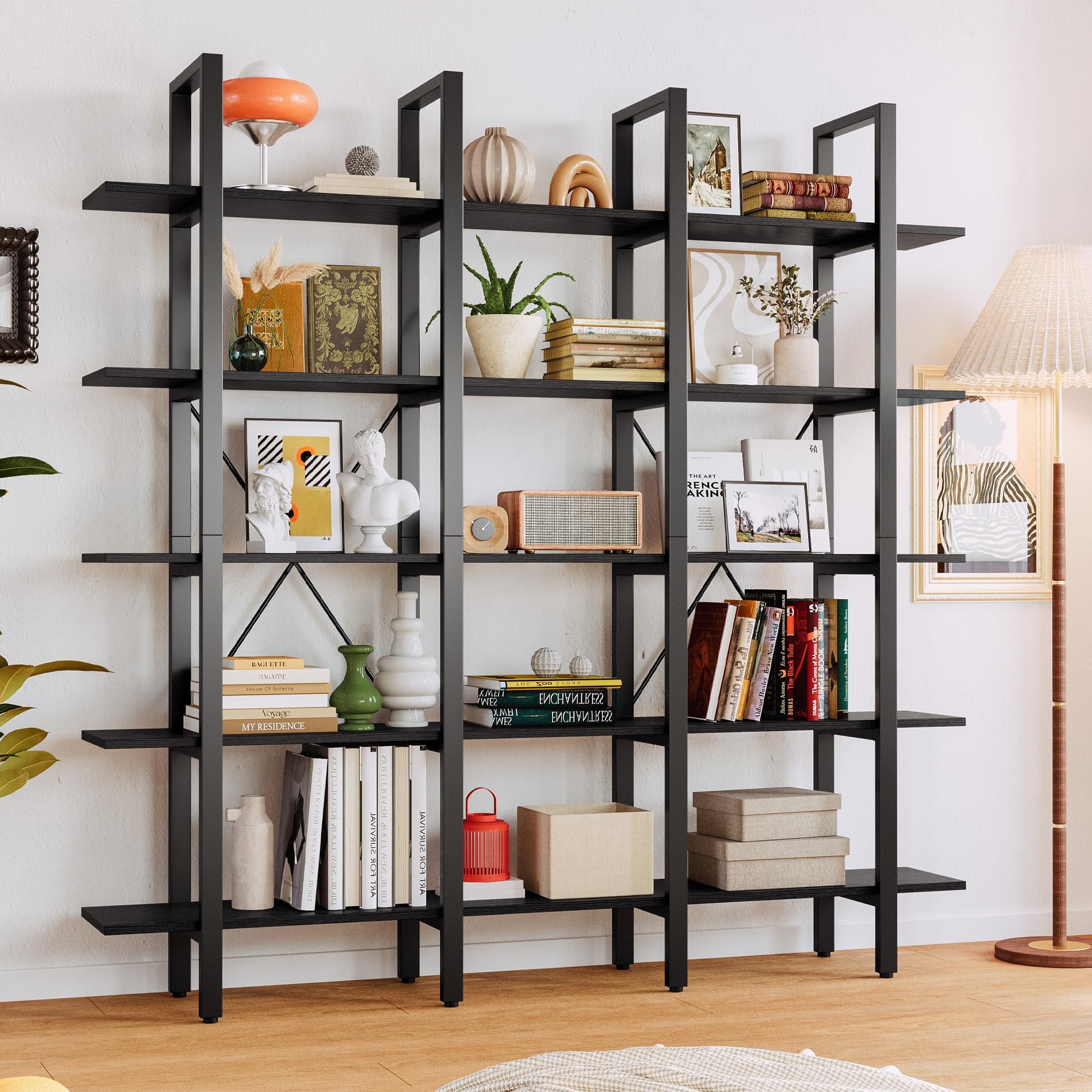 5-Tier Wide Open Bookcase with Metal Frame