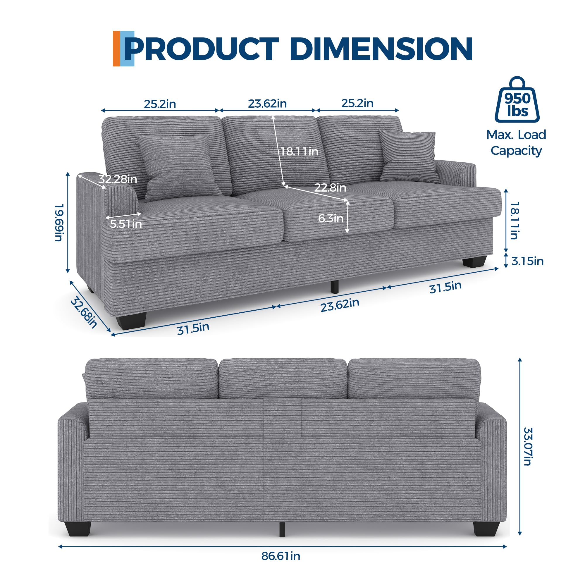 IDEALHOUSE 86" Corduroy Comfy Sofa, 3-Seater Sofa Couch with 2 Throw Pillows, Cloud Couch with deep Seats and 2 Removable Back Cushions, Modern Sofa for Living Room, Bedroom, Apartment, Office, Grey